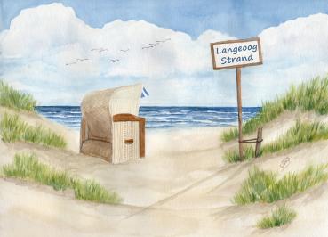 Postkarte DIN-A6 Aquarell Kunst Druck Kunstdruck Strandkorb Sonnenuntergang Nordsee Insel Langeoog  Sonnenuntergang  Meer Möwe Strand Wunschname